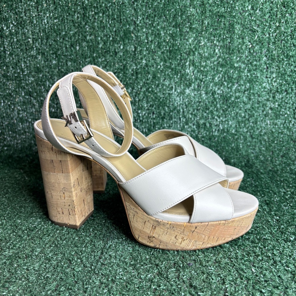 Michael Kors MK Leather Cork Platform Ankle Strap Summer Sandals White Womens 8M